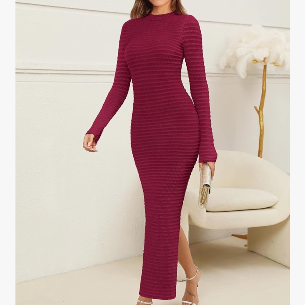 Elegant autumn fall textured knit dress Long Sleeve Ribbed Dress